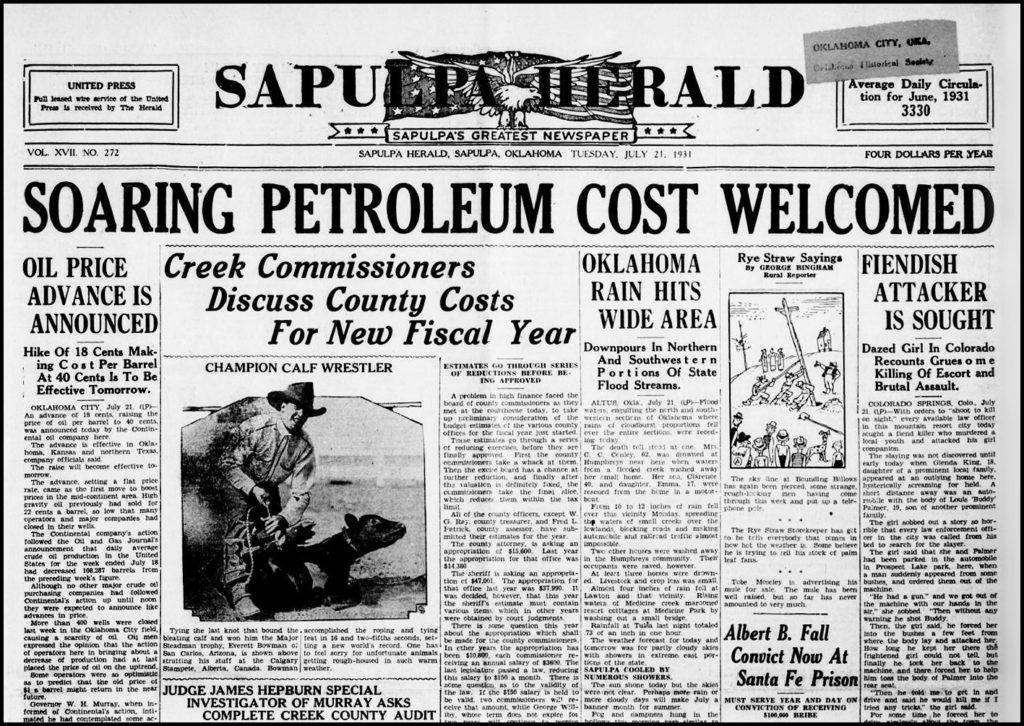 Lev Prichard, Co-Founder of Anderson-Prichard Oil Company, was quoted in the Sapulpa Herald in July of 1931 as one of the state's leaders weighing-in on how oil fields and mineral rights should be managed for maximum benefit to all of the states' oil producers during the oil boom.